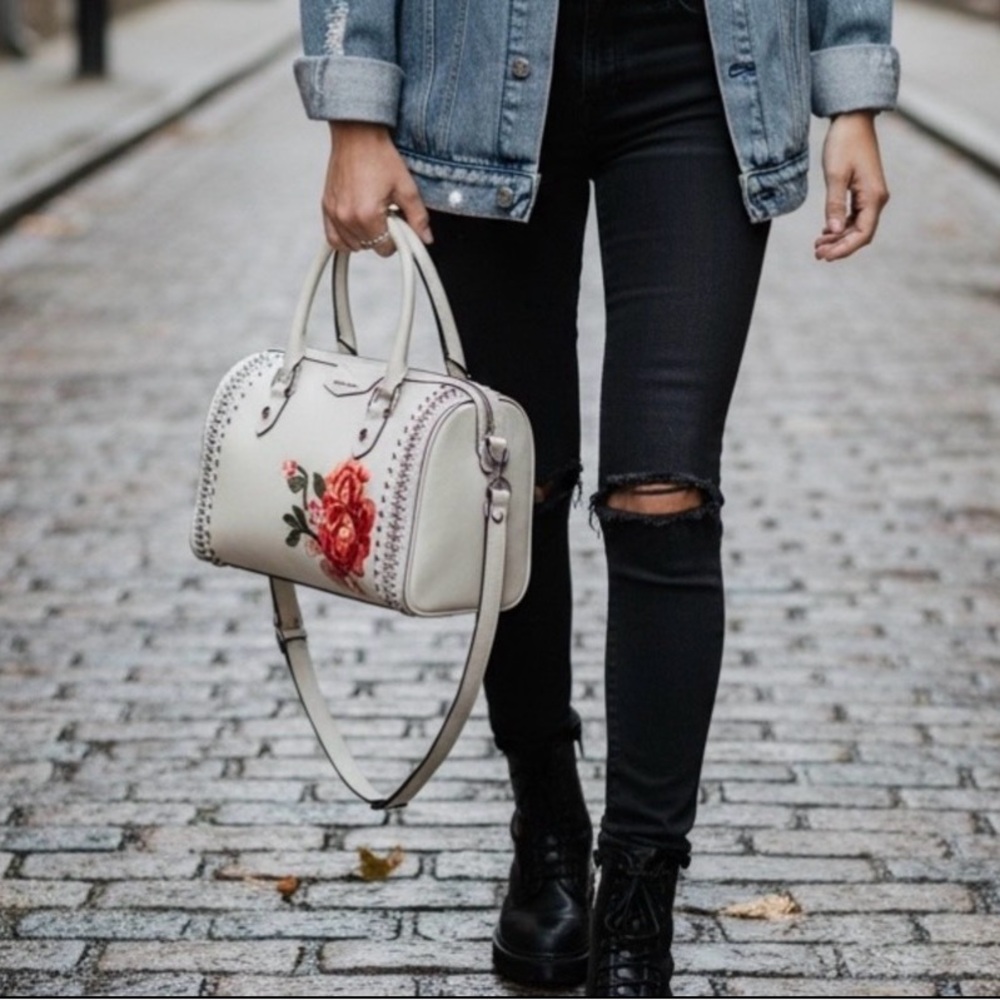 Calvin Klein Saffiano Real Leather Woven Chain Embroidered Flower Satchel
